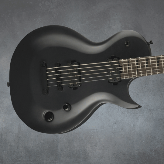 the Jackson Pro Plus XT Monarkh SC T6 Baritone Body featuring the positions of the toggle switch, volume knob and killswitch 